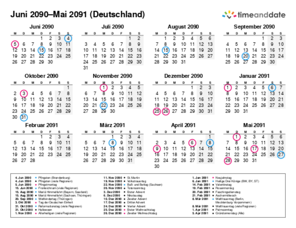 Kalender für 2090 in Deutschland