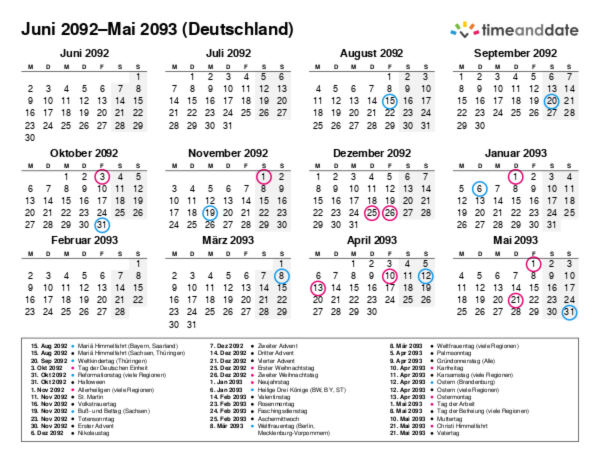 Kalender für 2092 in Deutschland