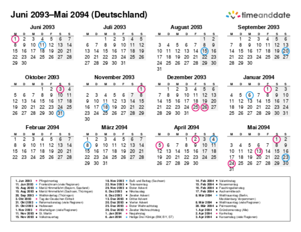 Kalender für 2093 in Deutschland