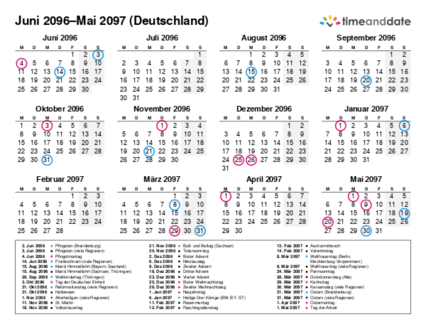 Kalender für 2096 in Deutschland