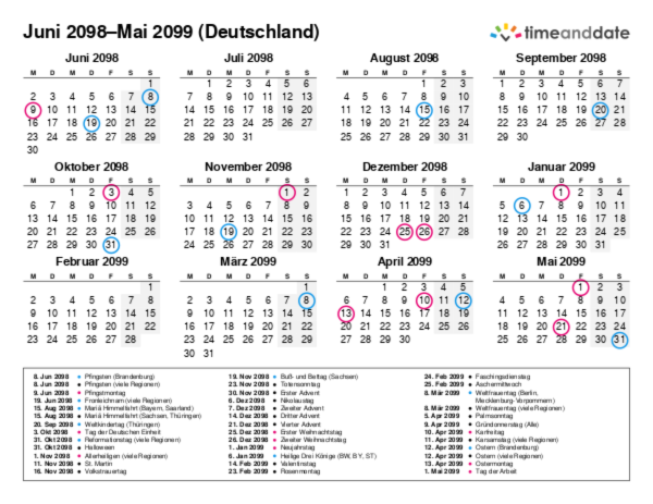 Kalender für 2098 in Deutschland