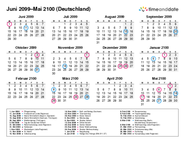 Kalender für 2099 in Deutschland