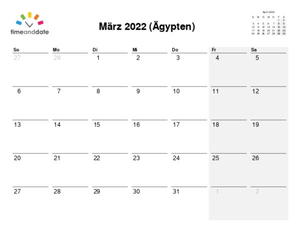 Kalender für 2022 in Ägypten
