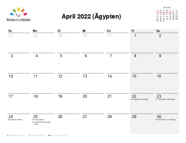 Kalender für 2022 in Ägypten