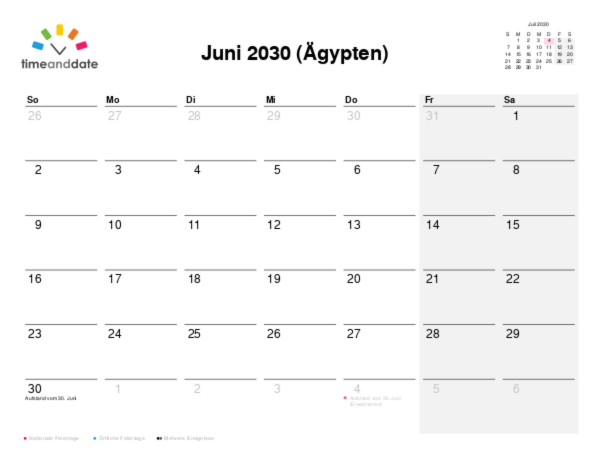 Kalender für 2030 in Ägypten