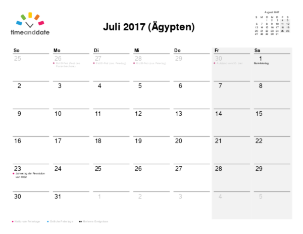 Kalender für 2017 in Ägypten