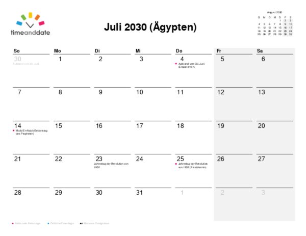 Kalender für 2030 in Ägypten