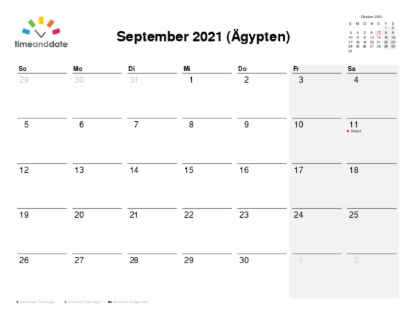 Kalender für 2021 in Ägypten