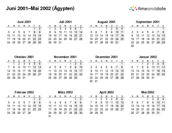 Kalender für 2001 in Ägypten