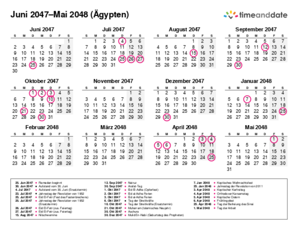 Kalender für 2047 in Ägypten
