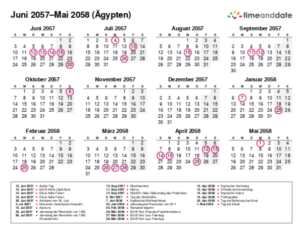 Kalender für 2057 in Ägypten