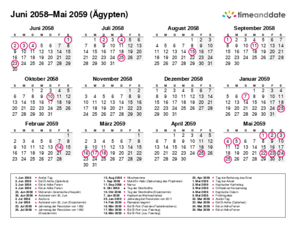 Kalender für 2058 in Ägypten