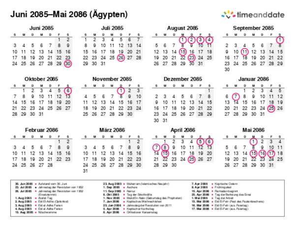 Kalender für 2085 in Ägypten