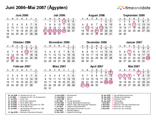 Kalender für 2086 in Ägypten
