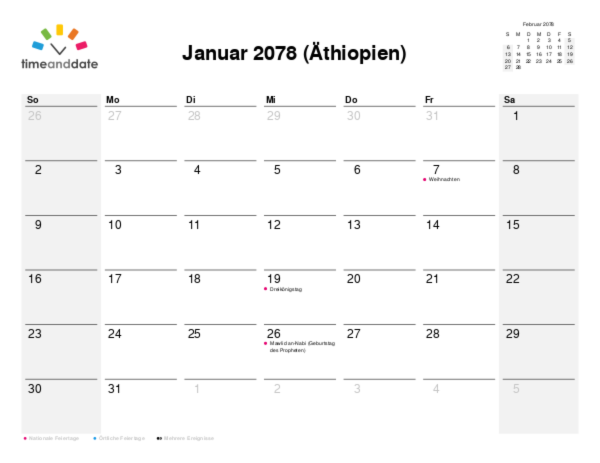 Kalender für 2078 in Äthiopien
