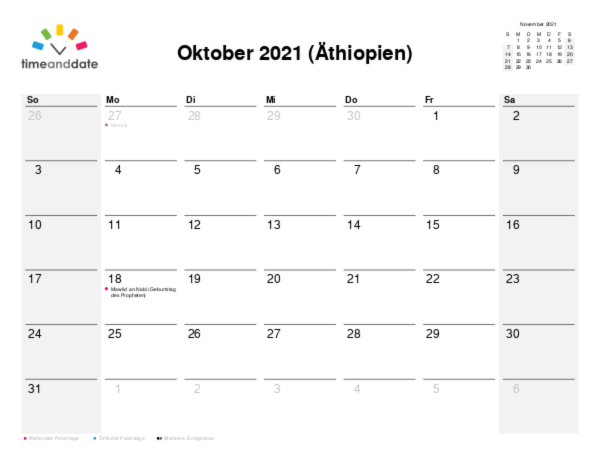 Kalender für 2021 in Äthiopien