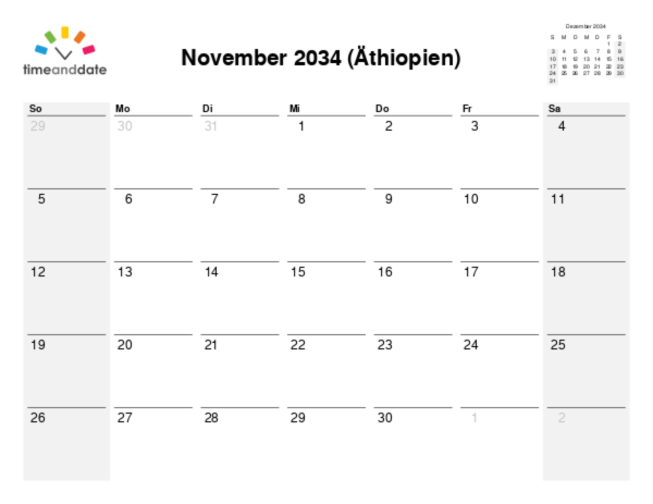 Kalender für 2034 in Äthiopien