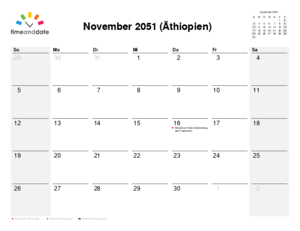 Kalender für 2051 in Äthiopien