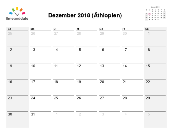 Kalender für 2018 in Äthiopien