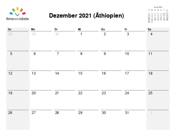Kalender für 2021 in Äthiopien