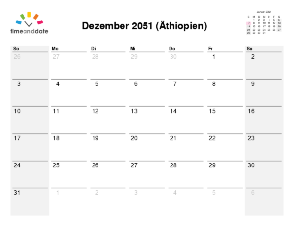 Kalender für 2051 in Äthiopien