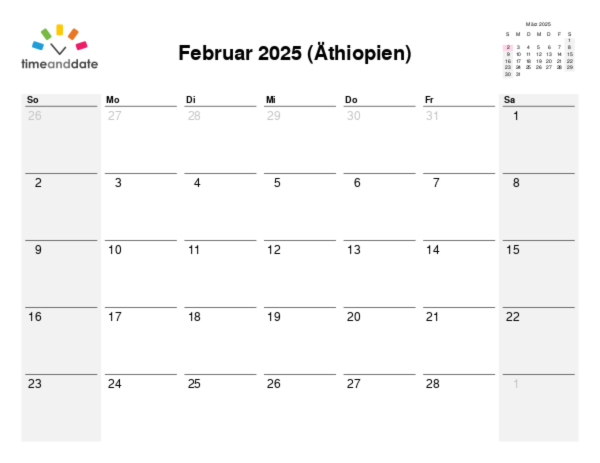 Kalender für 2025 in Äthiopien