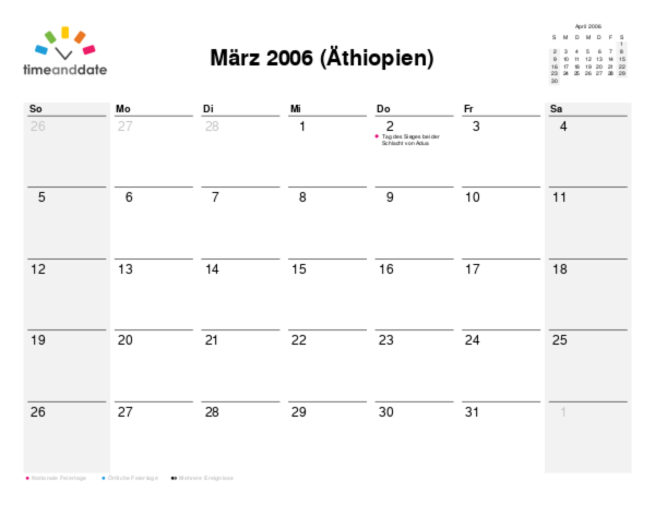 Kalender für 2006 in Äthiopien