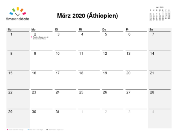 Kalender für 2020 in Äthiopien