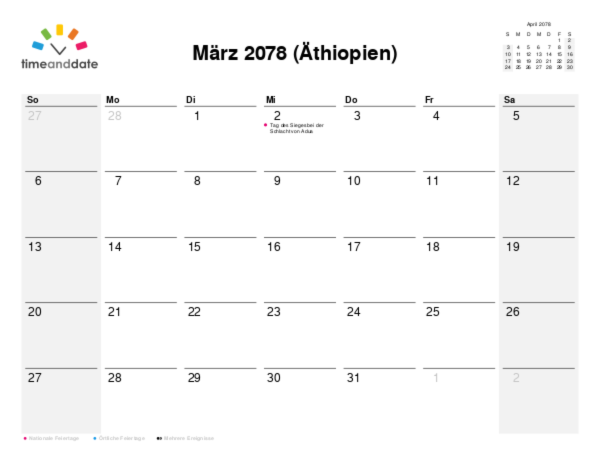 Kalender für 2078 in Äthiopien