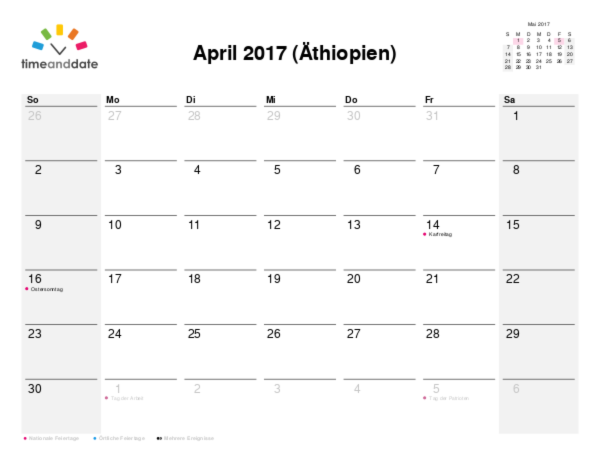 Kalender für 2017 in Äthiopien