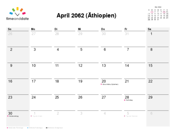 Kalender für 2062 in Äthiopien