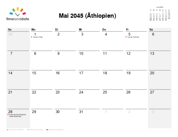 Kalender für 2045 in Äthiopien