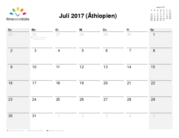Kalender für 2017 in Äthiopien