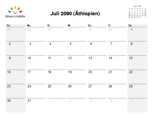 Kalender für 2090 in Äthiopien