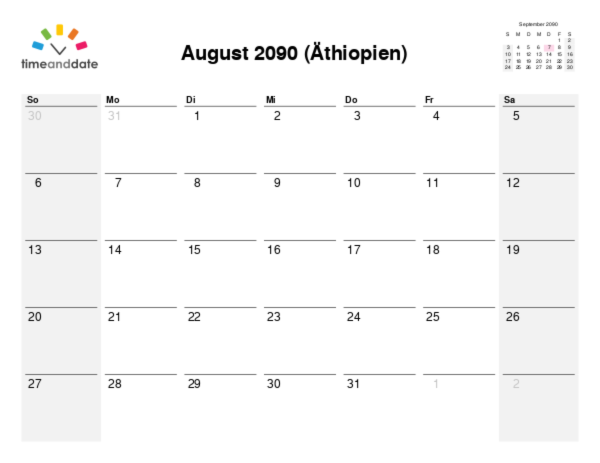 Kalender für 2090 in Äthiopien