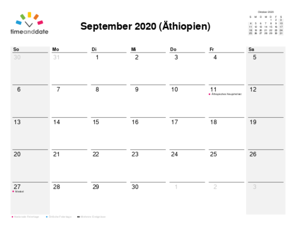 Kalender für 2020 in Äthiopien