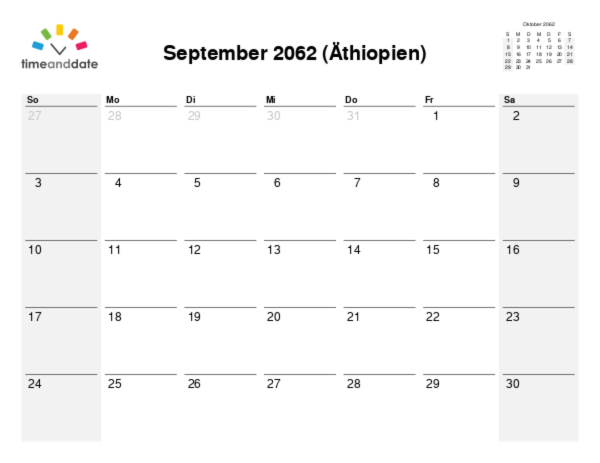 Kalender für 2062 in Äthiopien