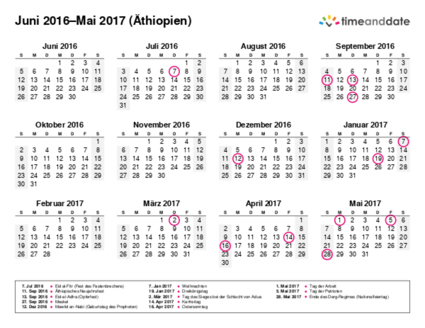 Kalender für 2016 in Äthiopien