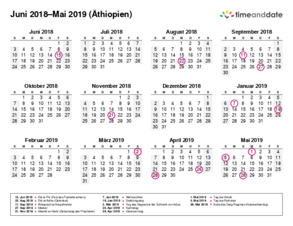 Kalender für 2018 in Äthiopien