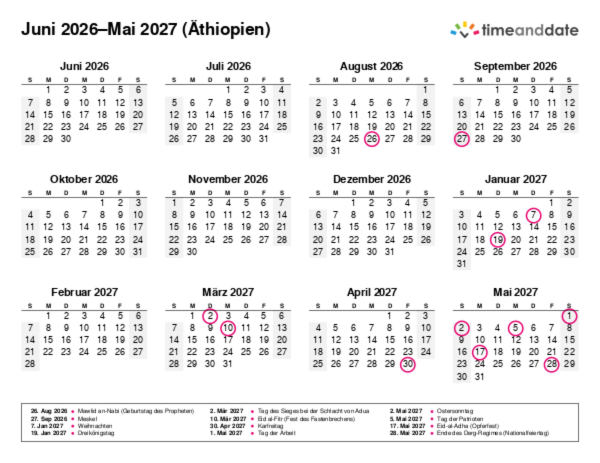 Kalender für 2026 in Äthiopien