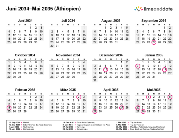 Kalender für 2034 in Äthiopien