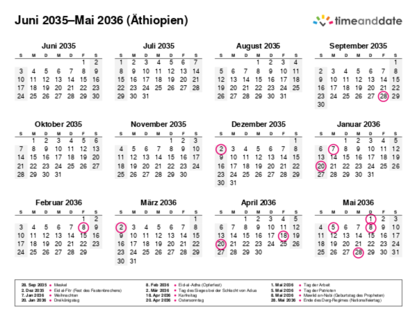Kalender für 2035 in Äthiopien