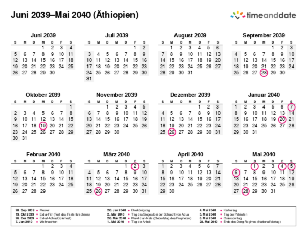 Kalender für 2039 in Äthiopien