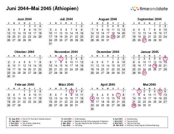 Kalender für 2044 in Äthiopien