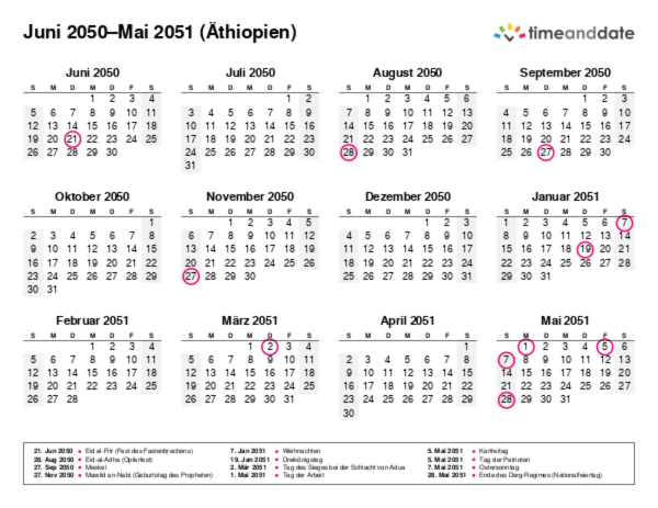 Kalender für 2050 in Äthiopien