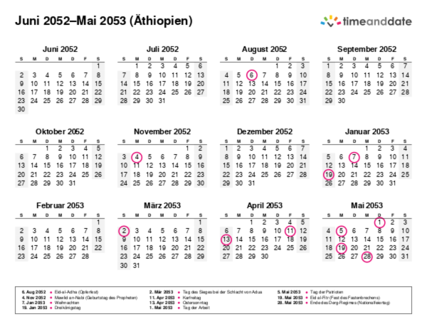 Kalender für 2052 in Äthiopien
