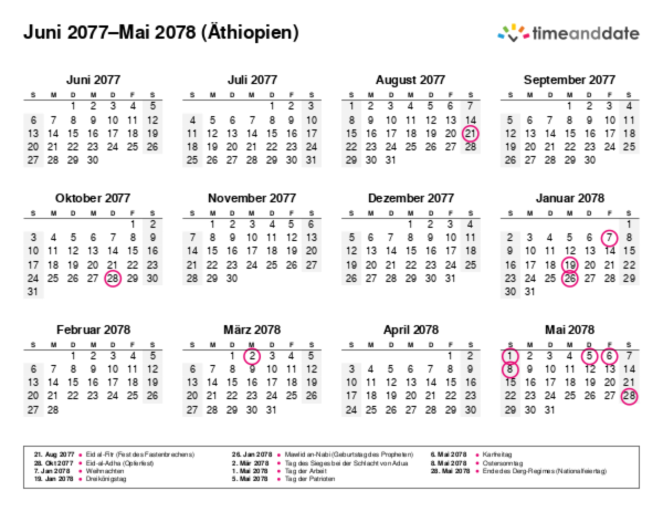 Kalender für 2077 in Äthiopien