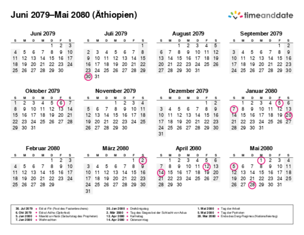 Kalender für 2079 in Äthiopien