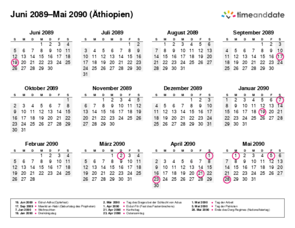 Kalender für 2089 in Äthiopien