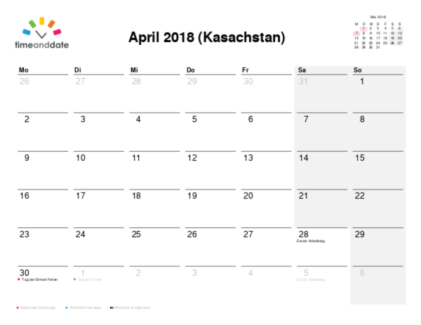 Kalender für 2018 in Kasachstan